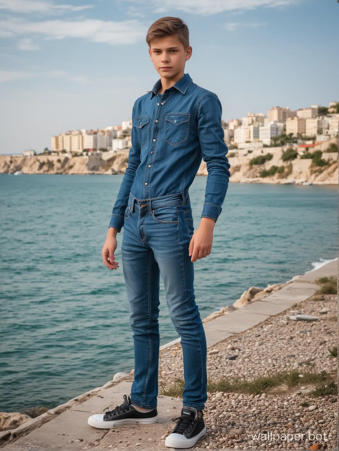 русский школьник 13 лет в Крыму на фоне моря, в полный рост, динамичные позы, люди и строения на заднем плане, обтягивающие джинсы, попка, вид сзади, облегающие джинсы