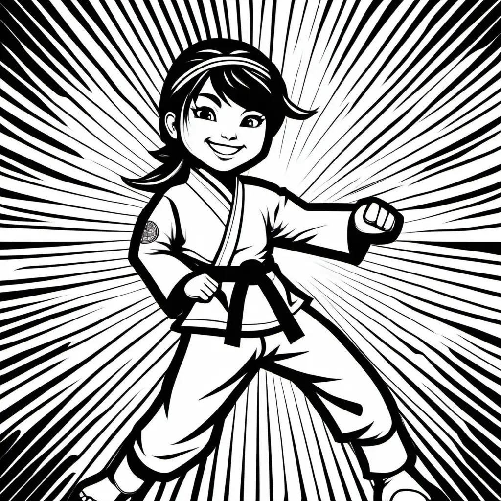 A cute, smiling, tae kwon do girl, wearing a ninja suit, black and white coloring page, no grey, no fill, solids lines, sunburst and dojo background