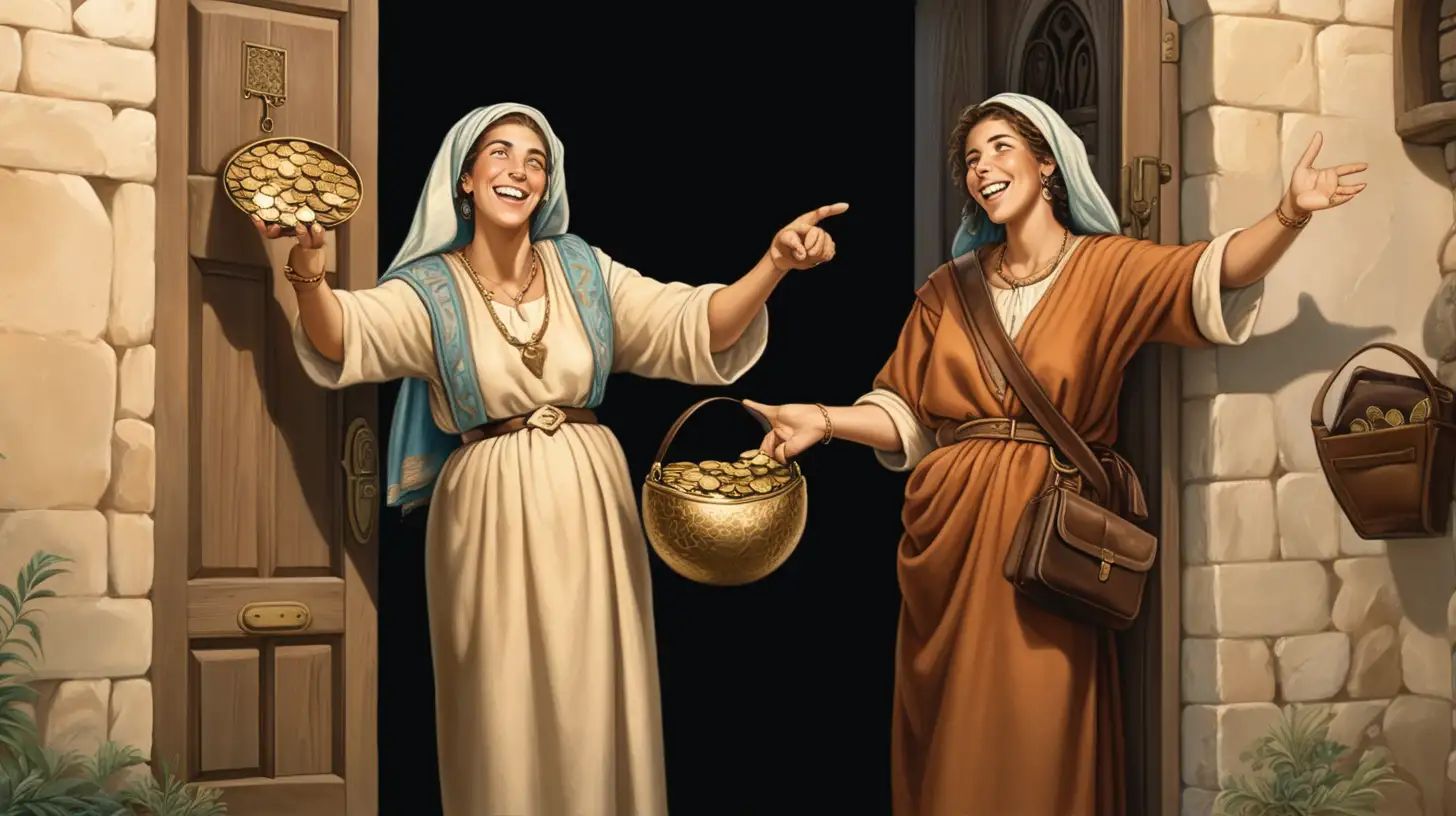 epoque biblique, une femme hébreux souriante tient une bourse remplie de pièces d'or pour la donner à une autre femme hébreux souriante qui fait signe qu'elle refuse de recevoir cette bourse. Les deux femmes sont à l'entrée d'une maison, porte ouverte