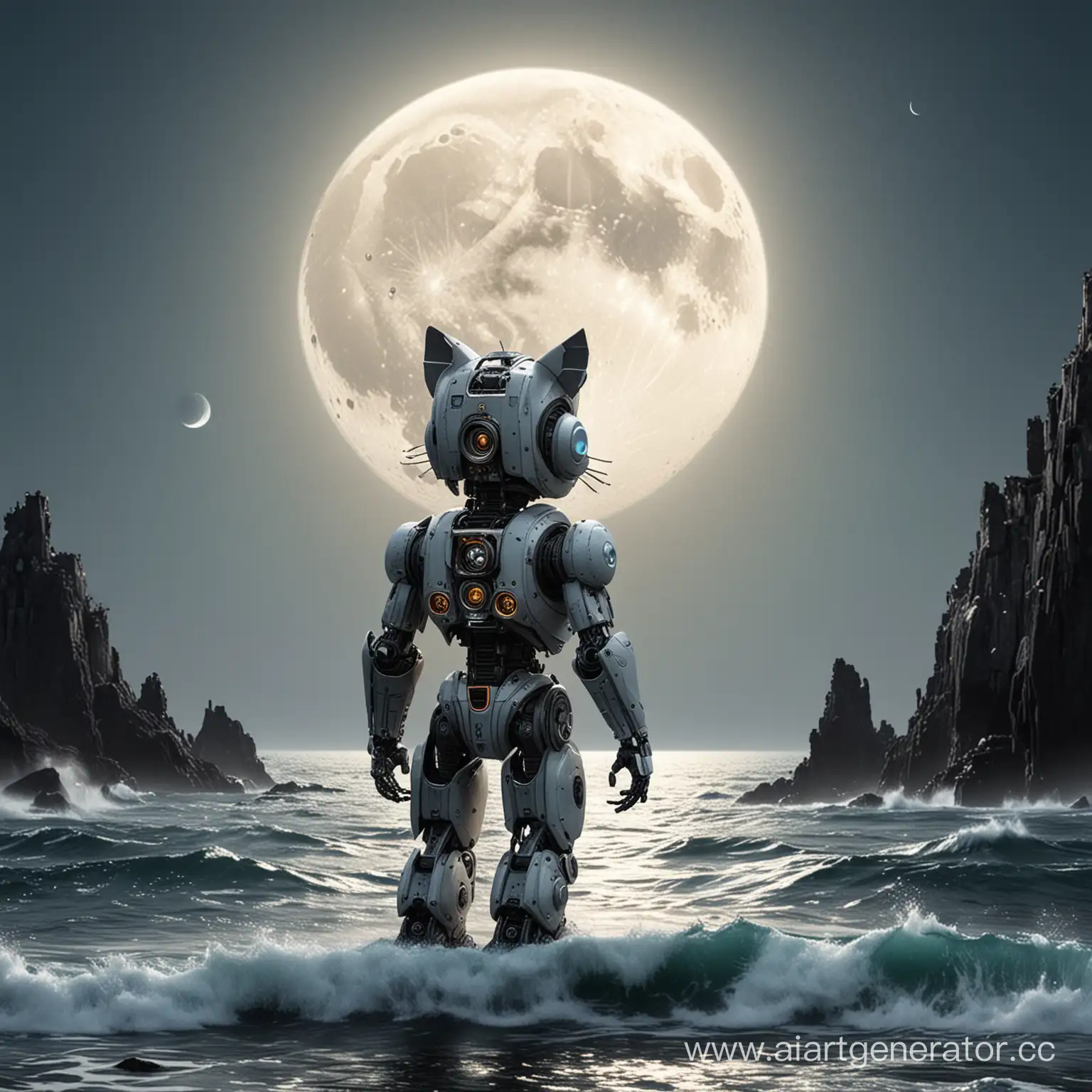робот-кот на фоне падающей в океан луны