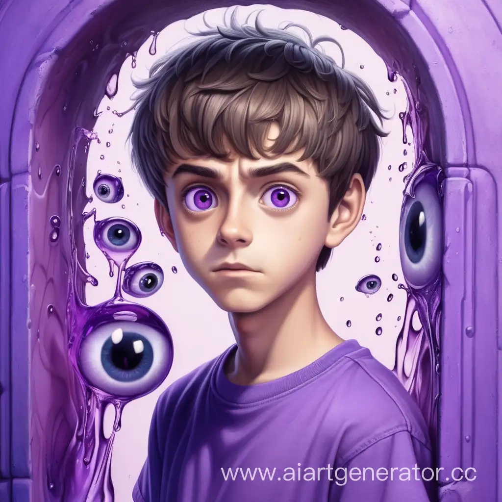 парень 16 лет, в фиолетовый футболке и джинсах, огромные глаза,короткие волосы,  на фоне фиолетовый портал из жидкости