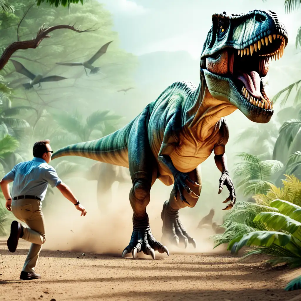  In the image there is a T rex chasing a man in jurrasic park like environment.