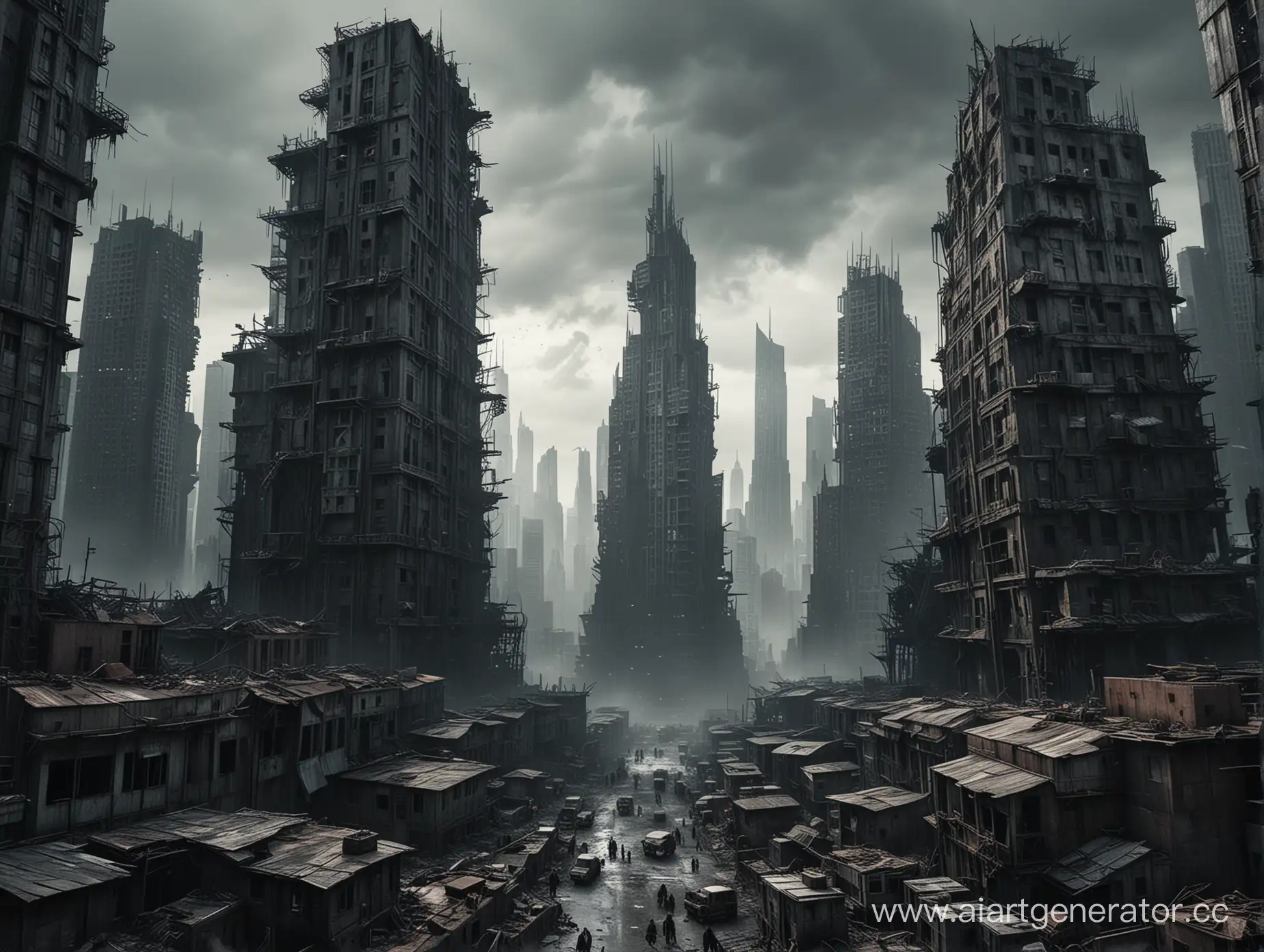 Постапокалиптический город за огромными стенами высотой с небоскреб, в темных тонах.
