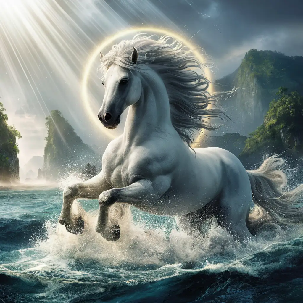 Majestic White Horse Emerges from Sunlit Seascape