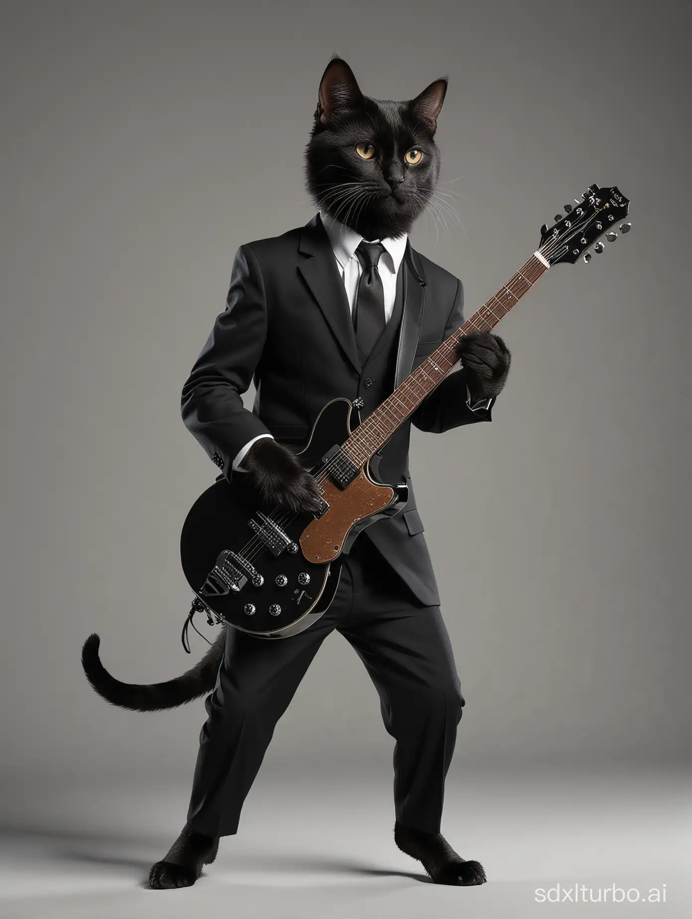 On a blank background is a full image of cat felinè in a black suit and tie wearing a black suit playing a Jazz guitar. High resolution ckean accurate photo rendering.