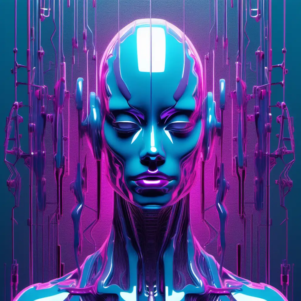 Show me an abstract picture of synthetic humanoids learning what sadness is. It should have a blue colour pallette with sublte hints of magenta.