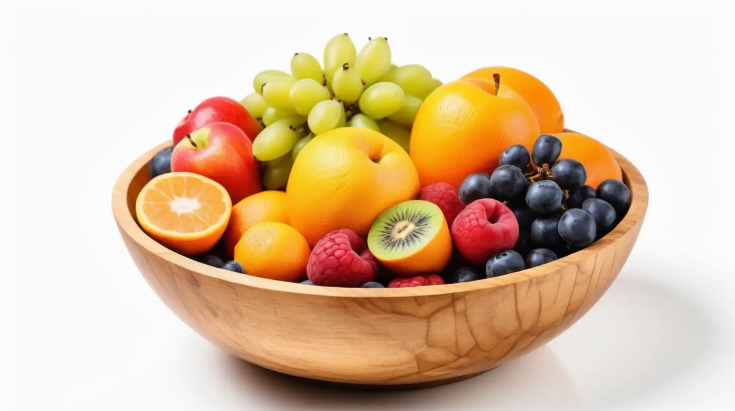 Fresh fruits mixed in wooden bowl on white background, copy space