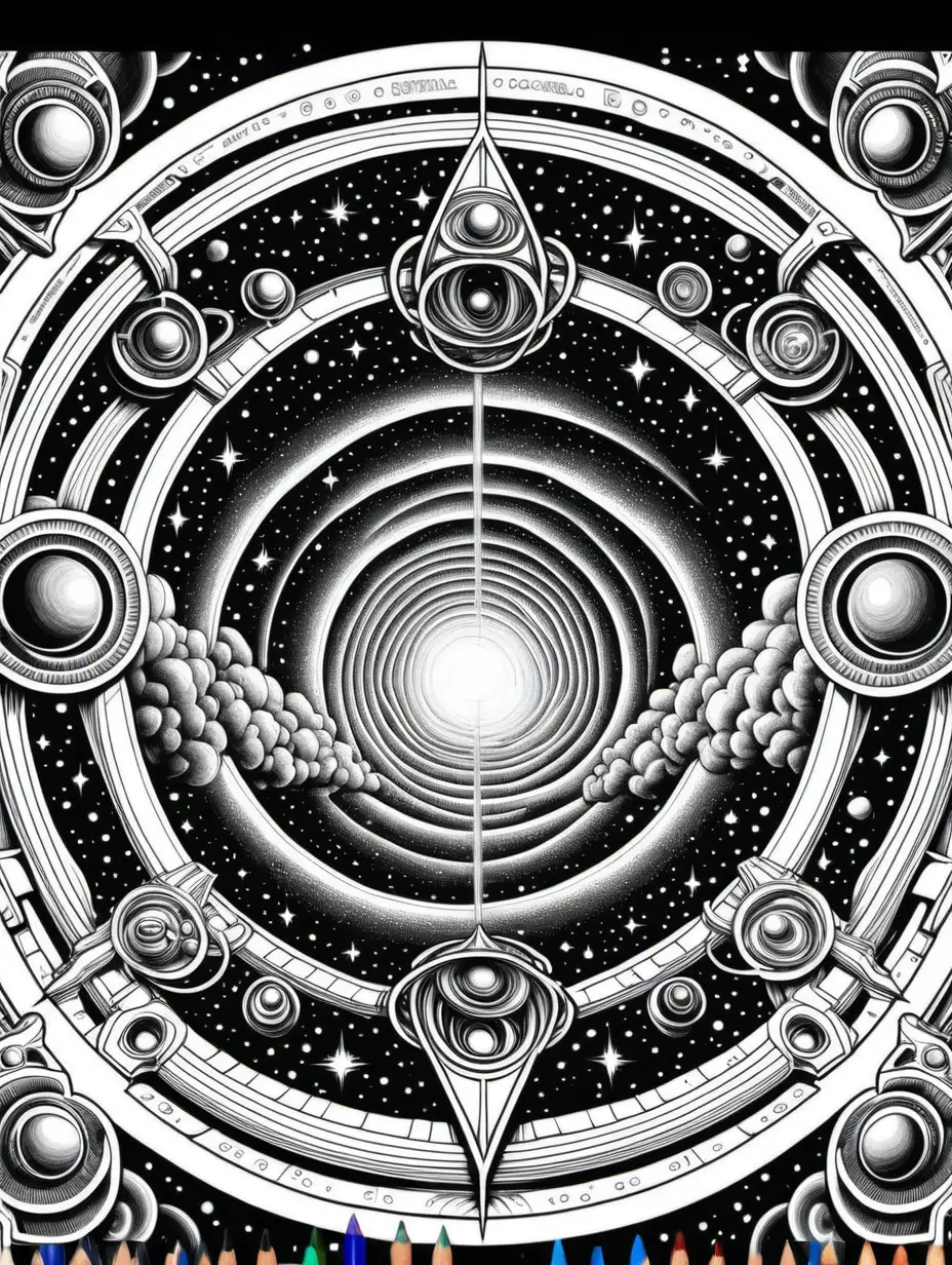 Take the position of an astronaut who is witnessing an interdimensional portal ripping space apart and make a drawing perfect for coloring with colored pencils.  High-quality adult Coloring page art on the scientific topic of Quantum doors, a bridge between realities. MANDALA Exstream detail black and white only stars and galaxies visible YOU ARE THE BEST = MAKE THE BEST Color Book Pages