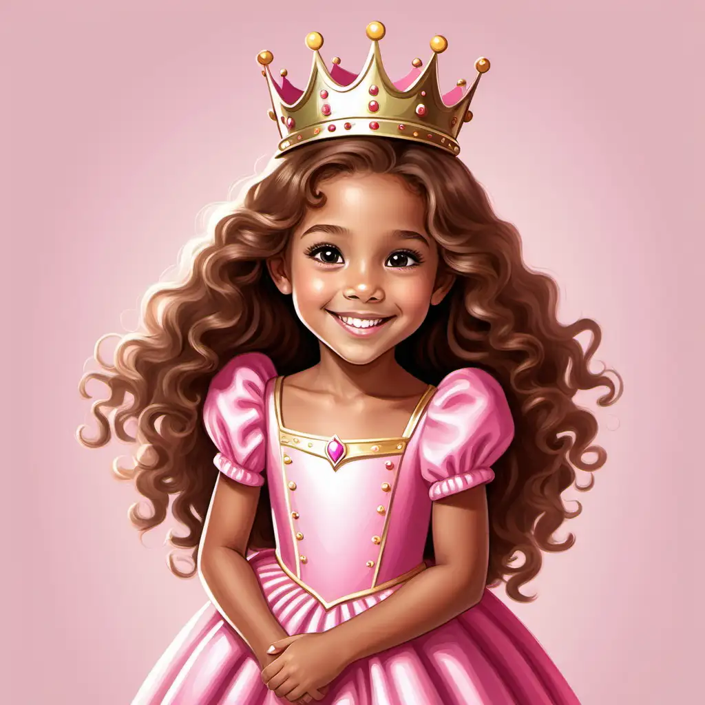  Flat art, children's book, cute, 7 year old girl, tan skin, light hazel eyes, long tight curl brown hair, neutral expression, beautiful, smiling, happy, princess pink clothing with large crown, plain background 
