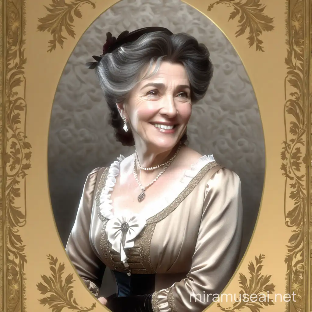 A woman in her 50s, wearing a 19th century style dress, coquettish, haughty looking and smiling. In the style of 3d animation, realism
