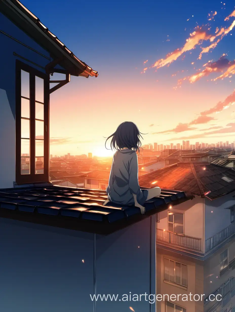 Аниме девушку сидит на крыше. Очень красивое небо. Закат. Она повёрнута спиной к экрану. 