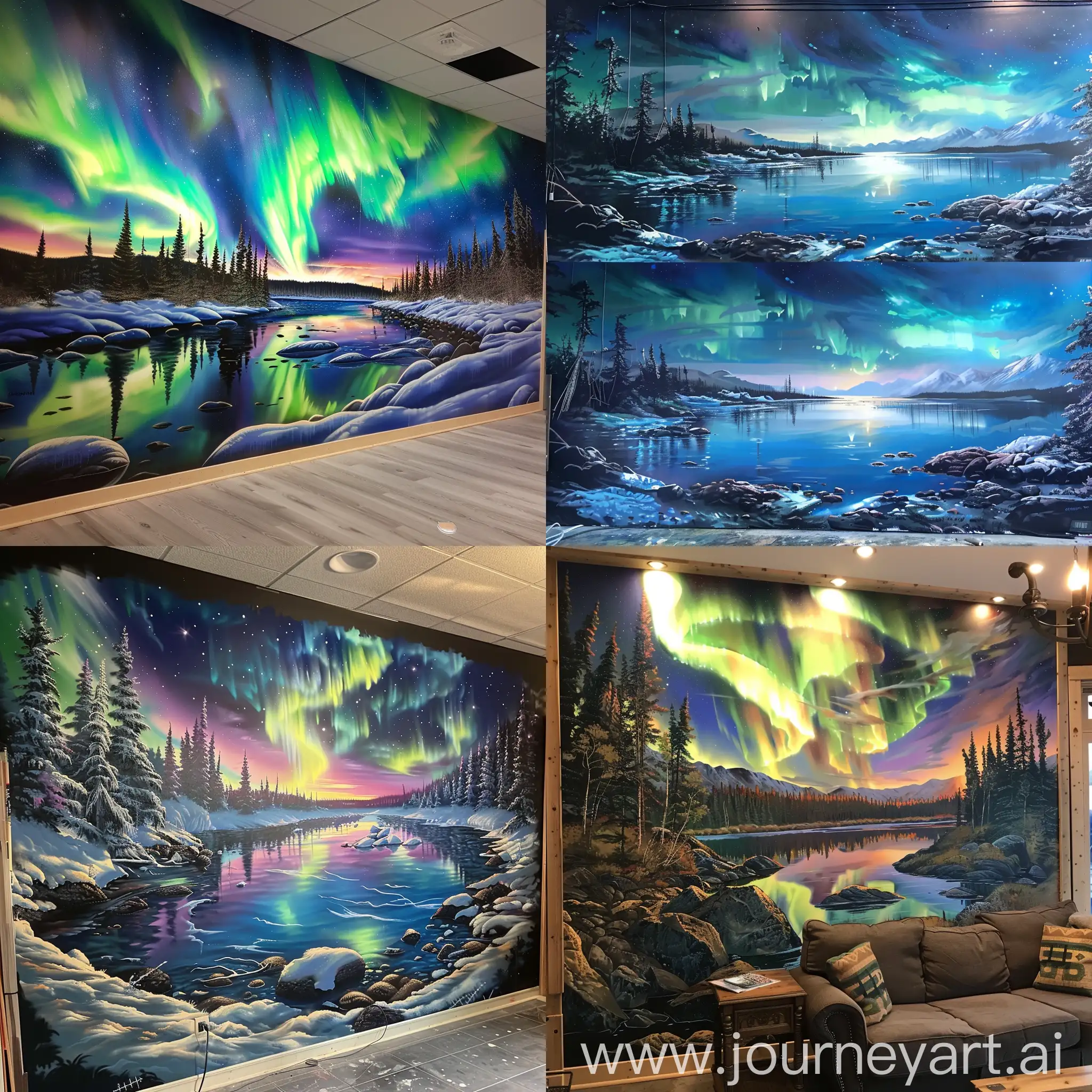 30ft long mural of northern light and natural landscape
