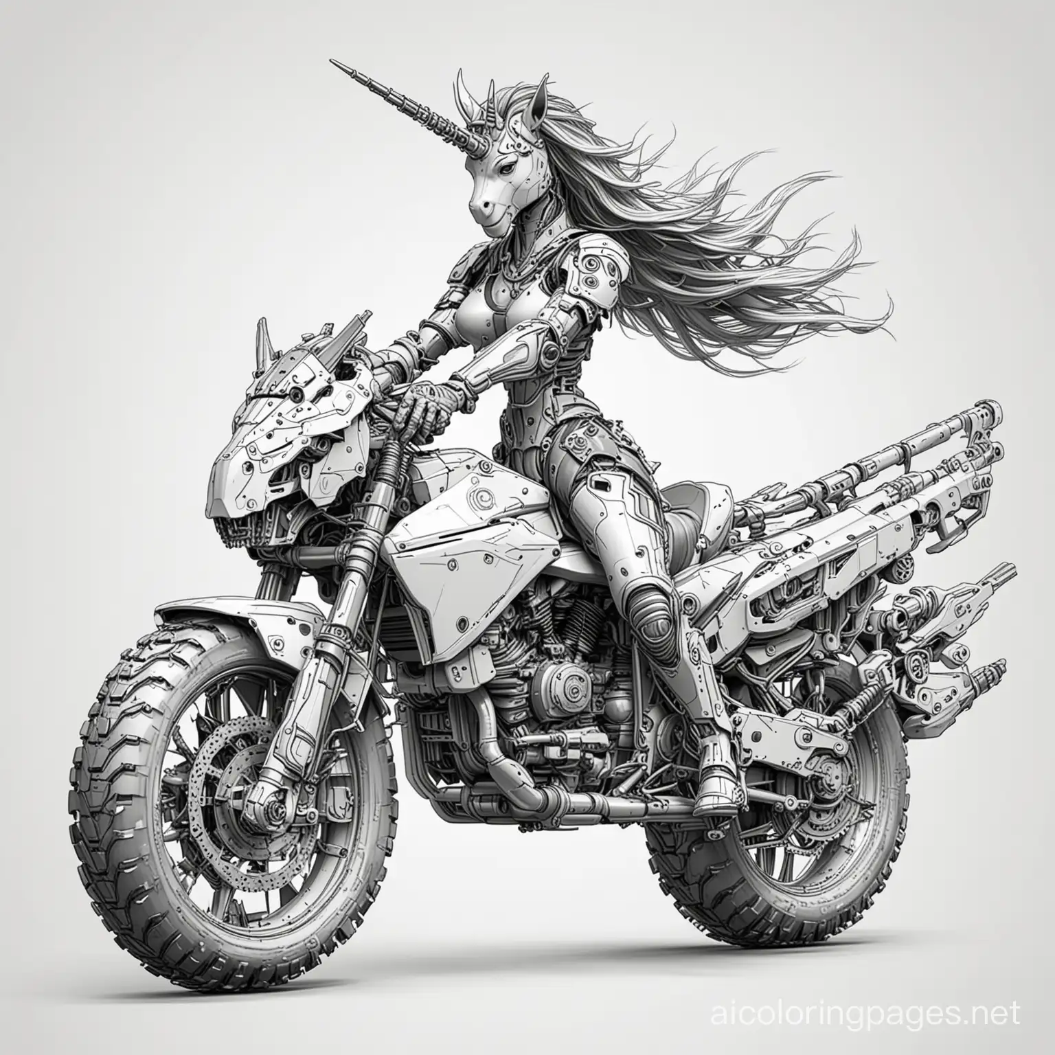 Cybernetic-Unicorn-Warrior-Coloring-Page-with-Large-Guns-and-Motorcycle