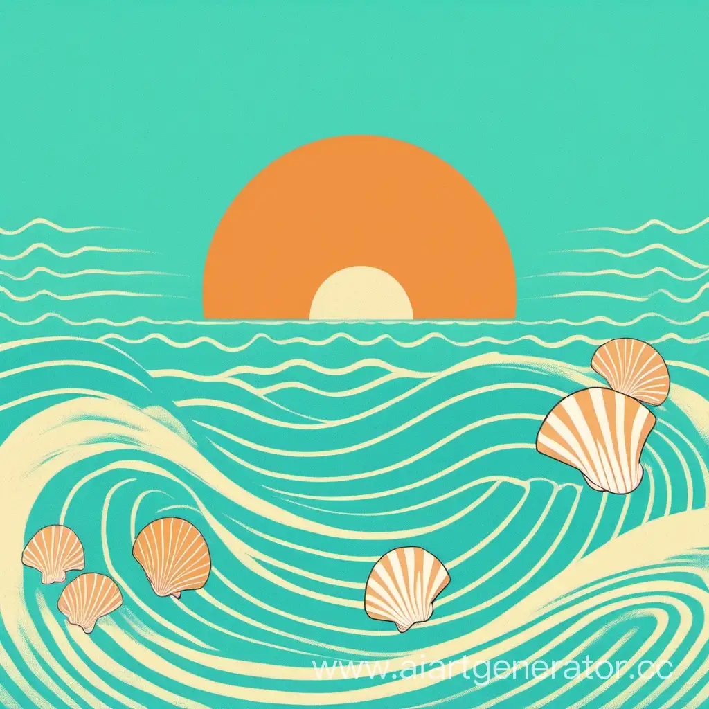 Обложка для плейлиста море солнце волны минимализм музыка бирюзовый оранжевый синий. добавь ракушки