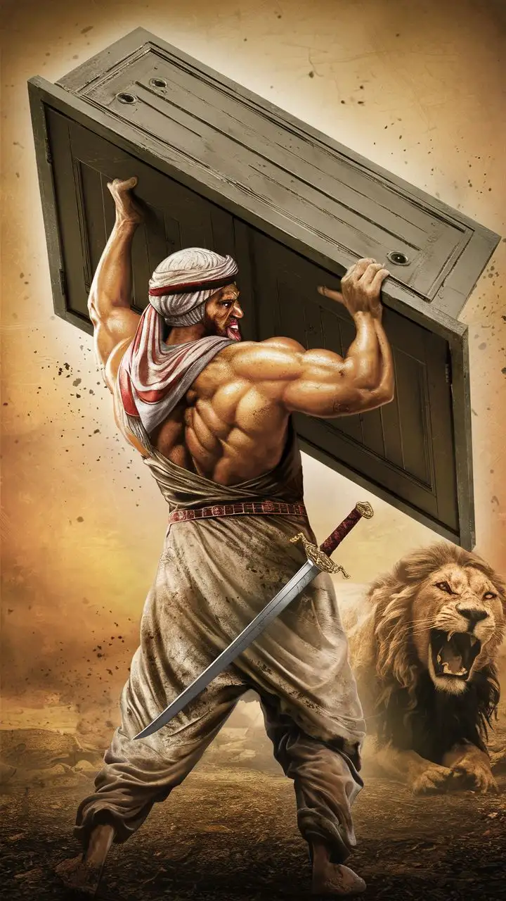 Hazrat Ali lifting flat door from the 1400 weight 900 kg facing towards left side in an handsome look with arabic scaf on his head Zulfiqar sword in his waist and lion roaring at the background in a battlefield and wearing an old arabic dirty attire looking aggressive with huge shredded muscles