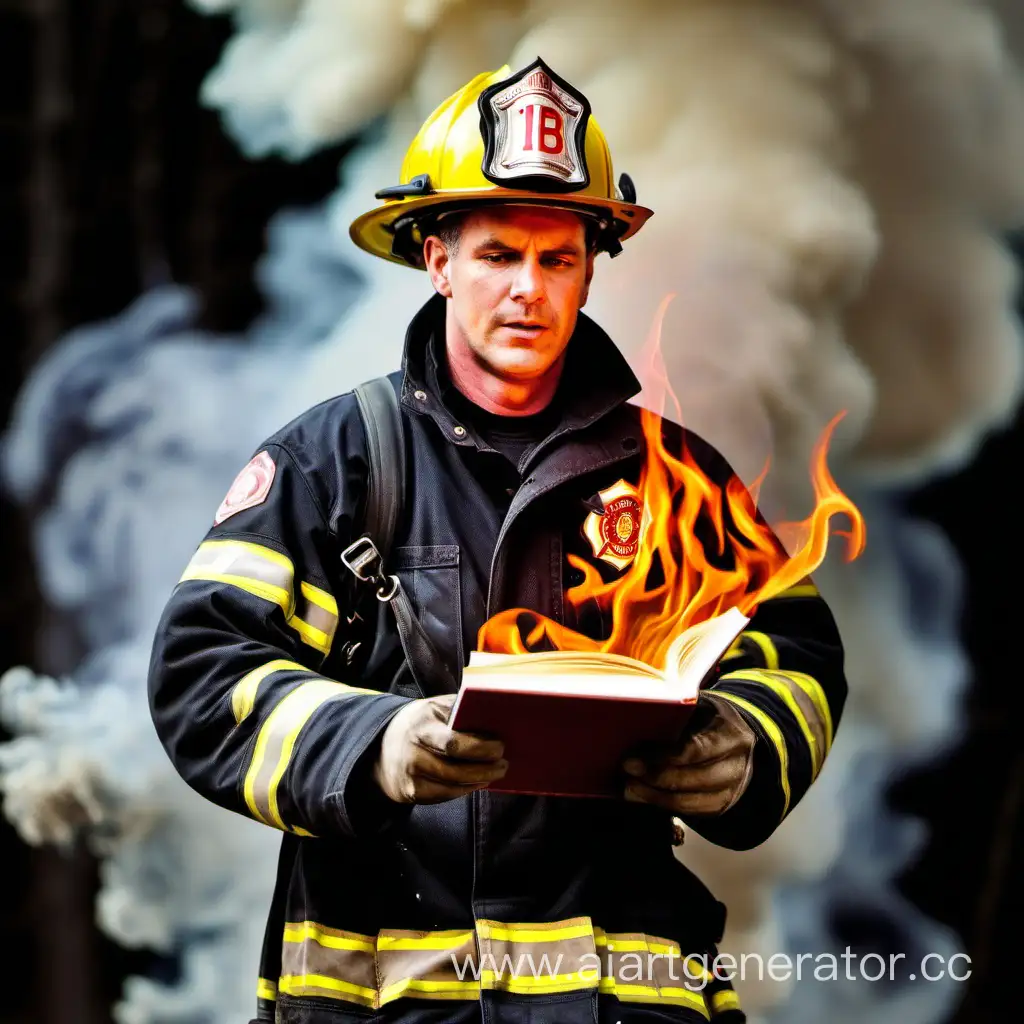 пожарник с горящей книгой в руках