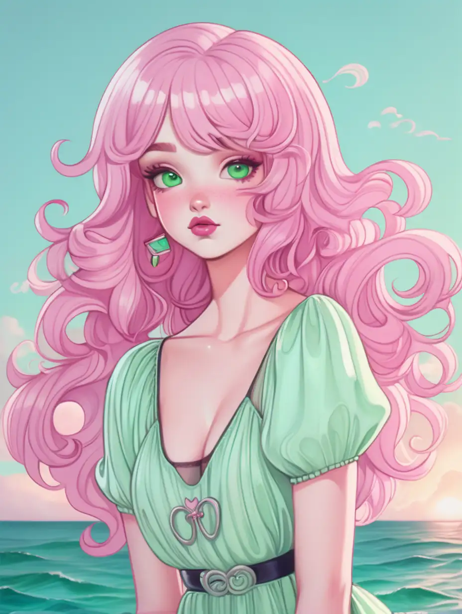 a girl with wild dark pink and light pink hair, pink lips, dressed with a siren light green pastel dress in a cartoon draw style with a sea backgrond