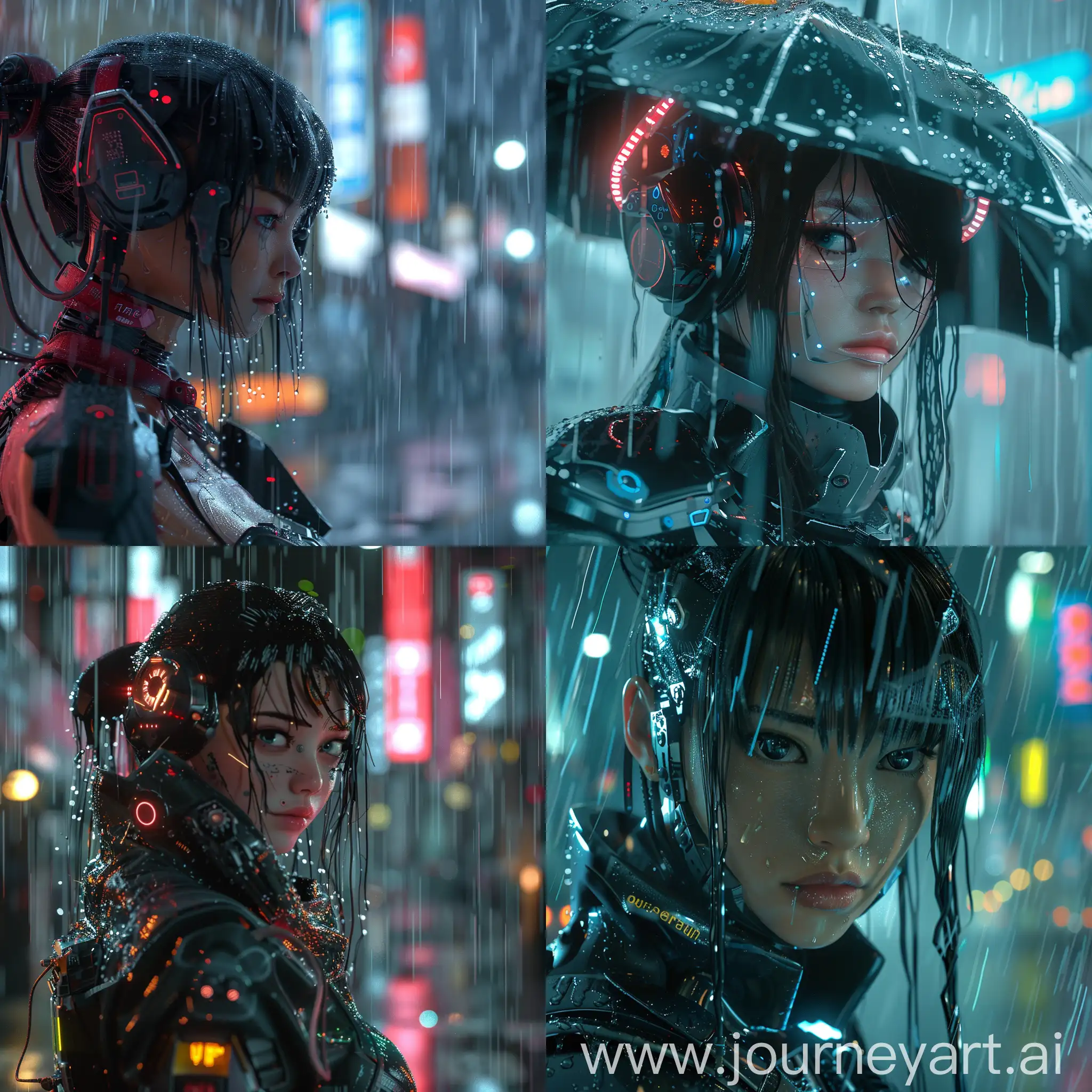  Futuristic Japan girl in the rain, ultra-modern cybernetics, ultramodern cybernetics, octane render