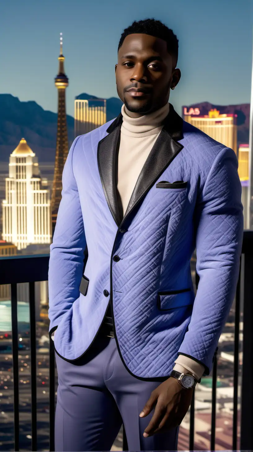 Attractive, Black man, wearing low fade haircut, wearing Periwinkle, suede, quilted stitch blazer, wearing cream, cashmere mock neck, wearing Charcoal grey, slacks, standing on the balcony of penthouse, overlooking Las Vegas strip Ultra 4k, high definition, 1080p resolution, lighting is volumetric