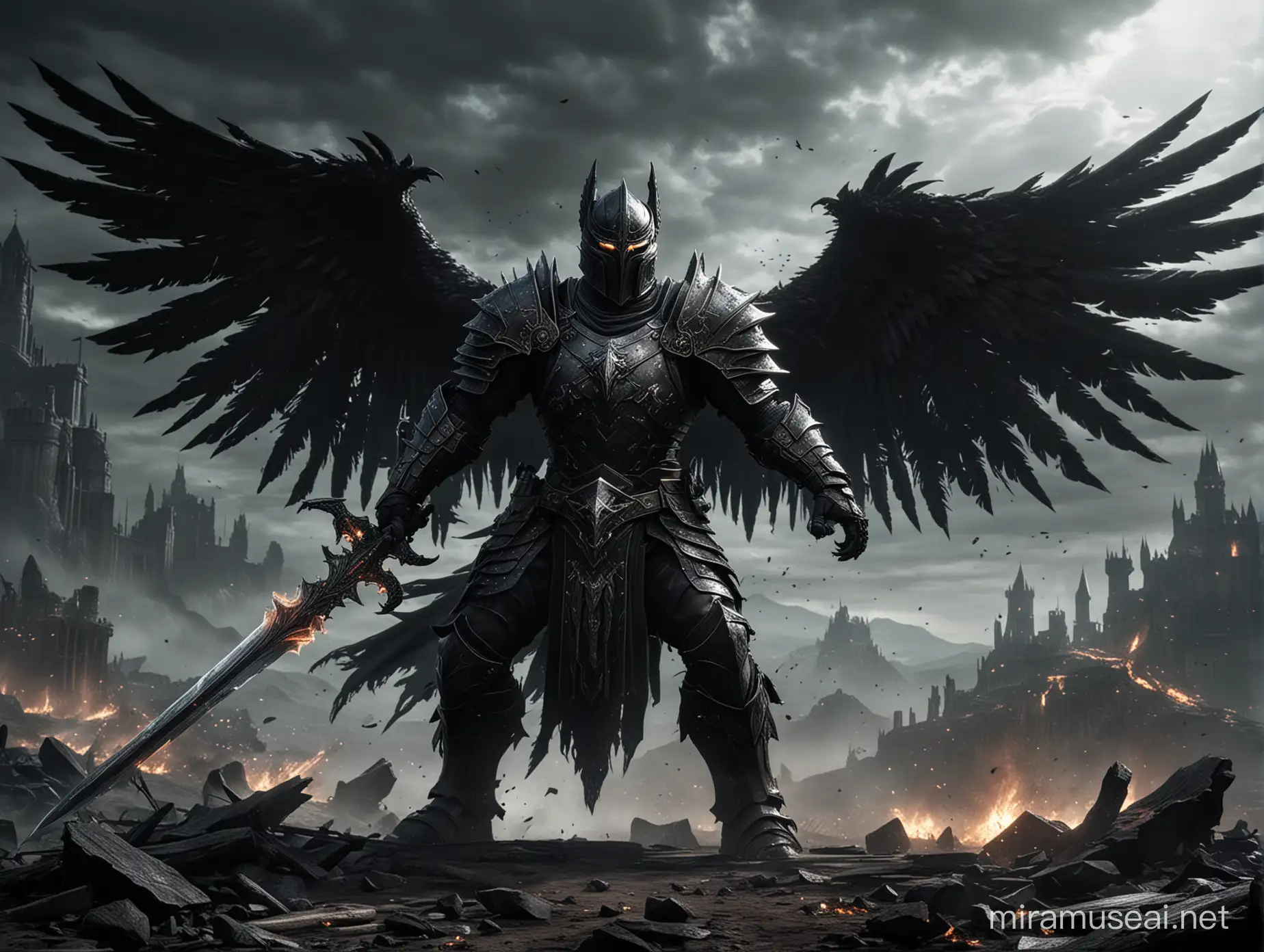 (Your prompt goes here) 

Generate an image of an Elder Scrolls-inspired final boss battle against a Colossal Black Knight, wielding a black eagle-inspired sword and armor adorned with black eagle wings. The dark, ominous setting should evoke a sense of dread and intensity. The battlefield is littered with debris and broken remnants of previous foes. The Knight exudes an aura of immense power and malice, its dark armor radiating sinister energy. The knight's eyes glow fiercely with an unearthly light, and its roar echoes through the desolate land. --ar 2:3