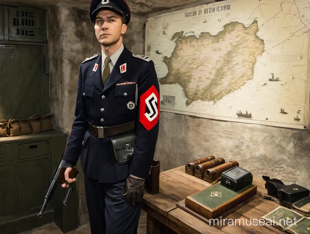 An SS man in a cap and uniform stands in a bunker at a table with a map, holding a pistol in his right hand.