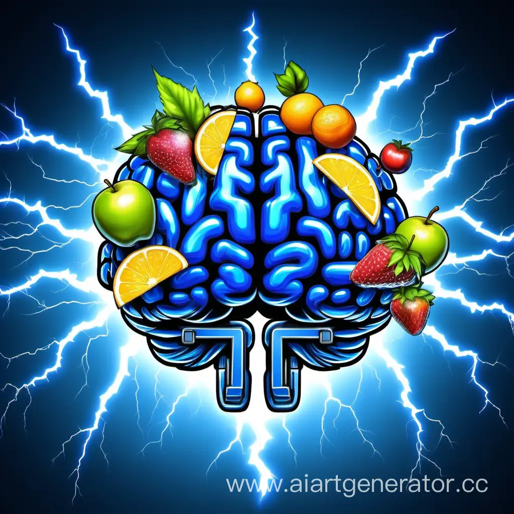 Vibrant-Blue-Brain-Charged-with-Electrical-Energy-Surrounded-by-Juicy-Fruits-and-Lightning-Bolts