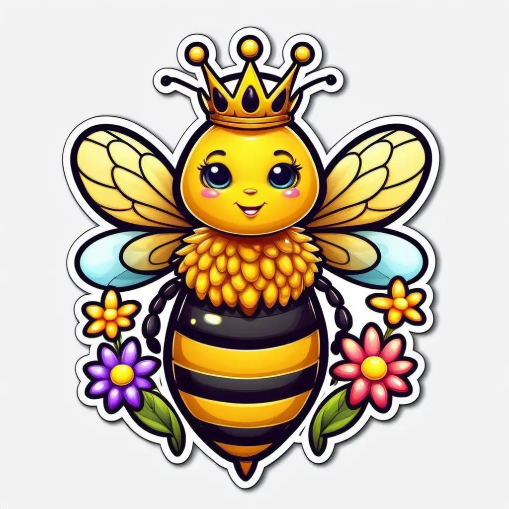 Adorable Cartoon Queen Bee Surrounded by Vibrant Flowers Sticker