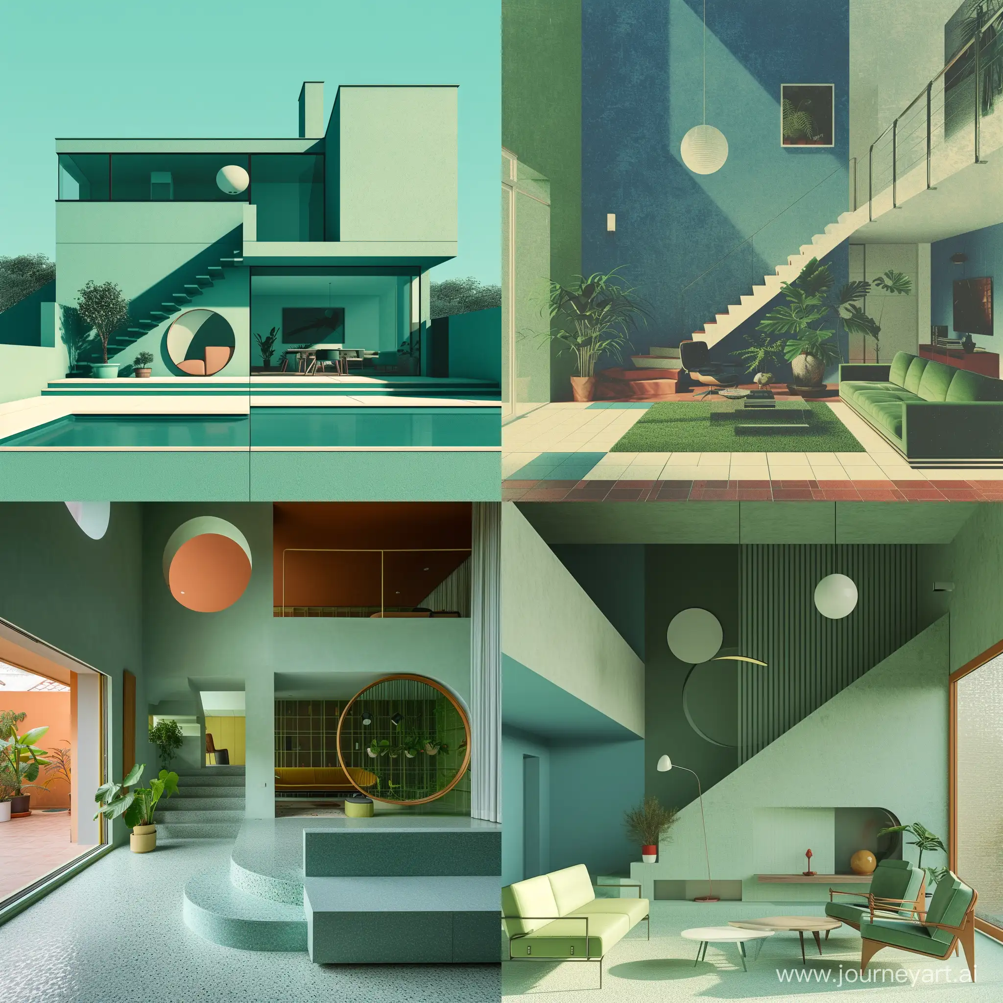 House intern, 70s style architecture, tone of green and blue
