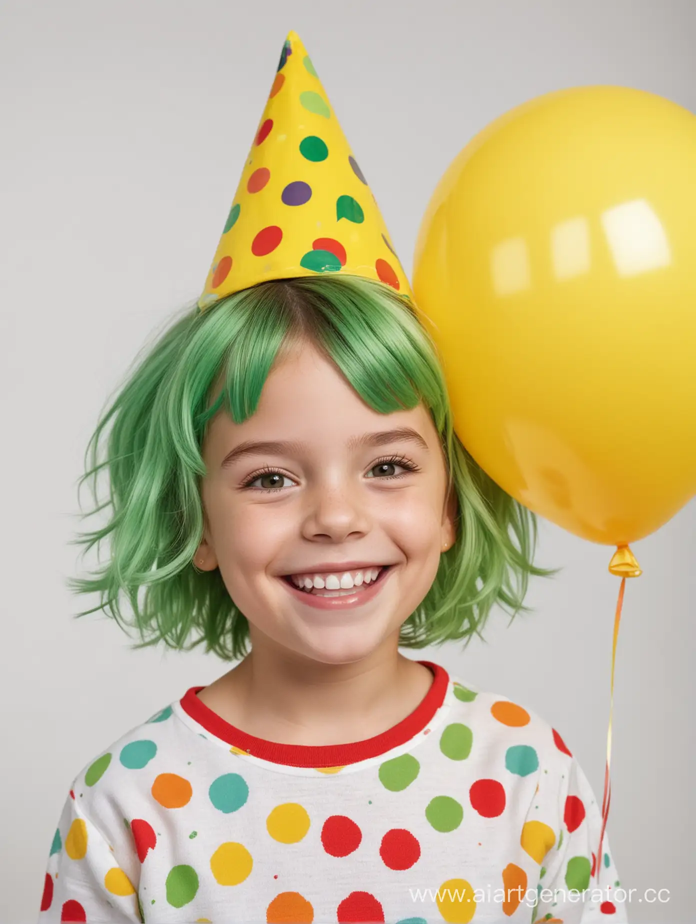 A high-quality, sharp-focused photo of a light-skin  smiling European kid girl with bright green hair, with red balloon in hand . She is adorned with a large, multicolored polka-dotted yellow party cone on her head, a yellow sweatshirt, and white shoes,  with a wide, happy smile. The background is a clean, white canvas that emphasizes the child's lively presence, photo from below, soft studio light