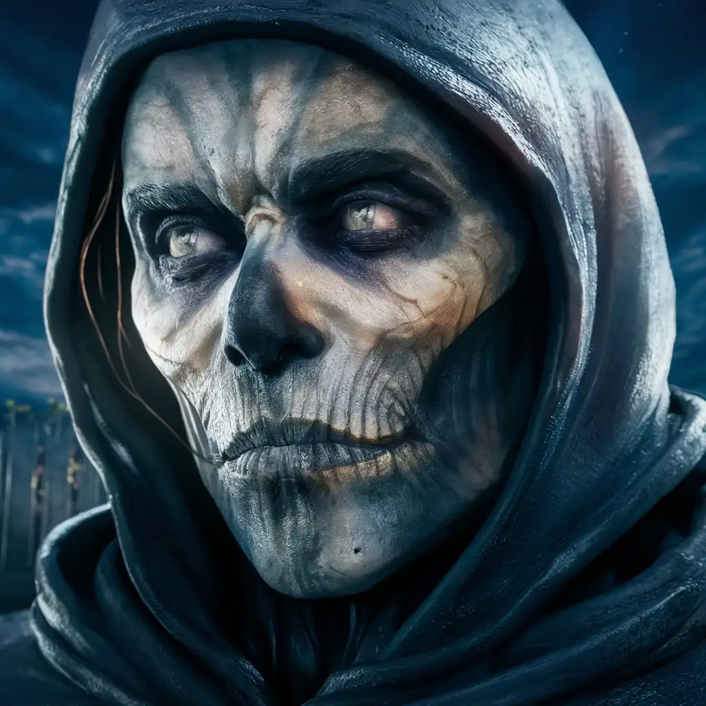 logo, closeup face of a male grim reaper,3D render, dark fantasy, realistic proportions, 8K ultra realistic, atmosphere, detailed, cinematic lighting, majestic, hdr, artstation, 4k, hyperrealistic, focused, extreme detail, unreal engine 5, lumen  reflections, rim light, with the text ""
"", typography