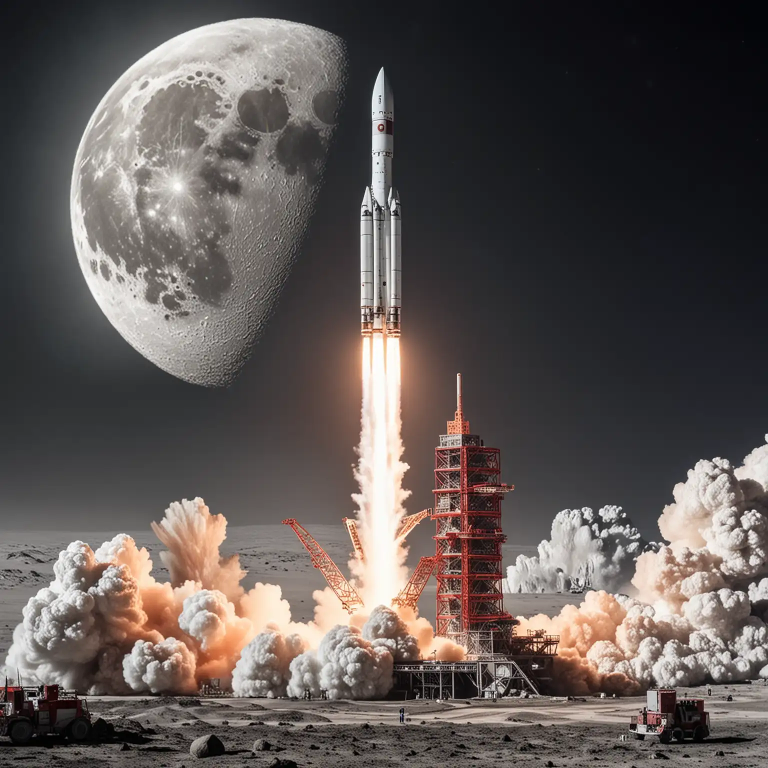 A mega gigantic chinese rocket white and red, in space in the moon