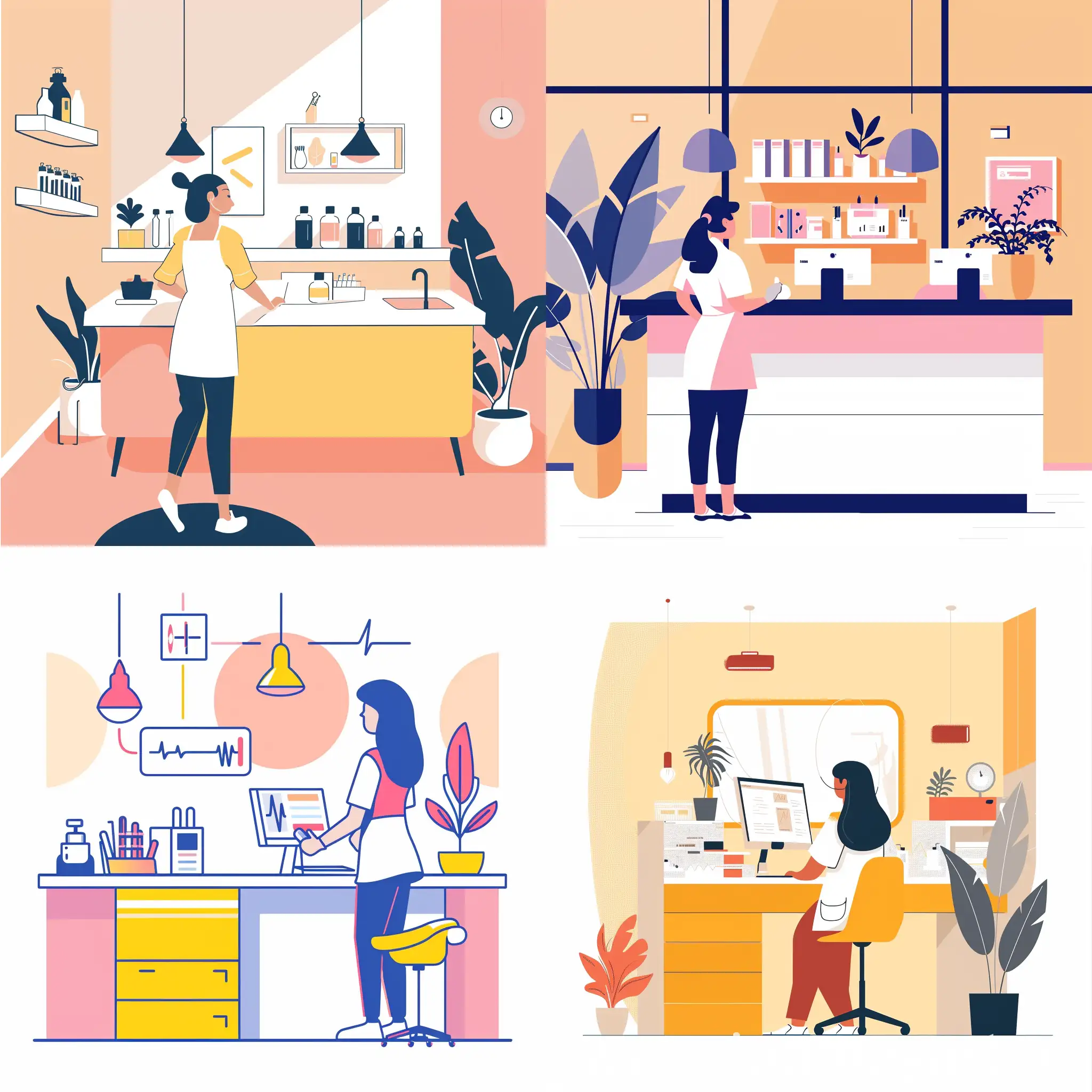 minimalistic high-quality illustration of a character woman working in a beautiful clinic, bright colors