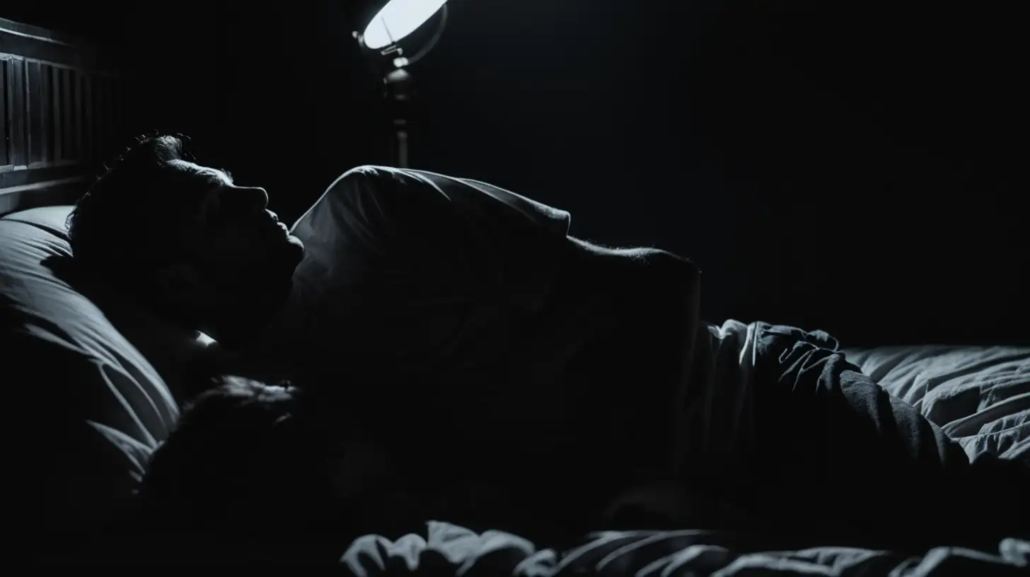 dressed lying man on bed in darkness