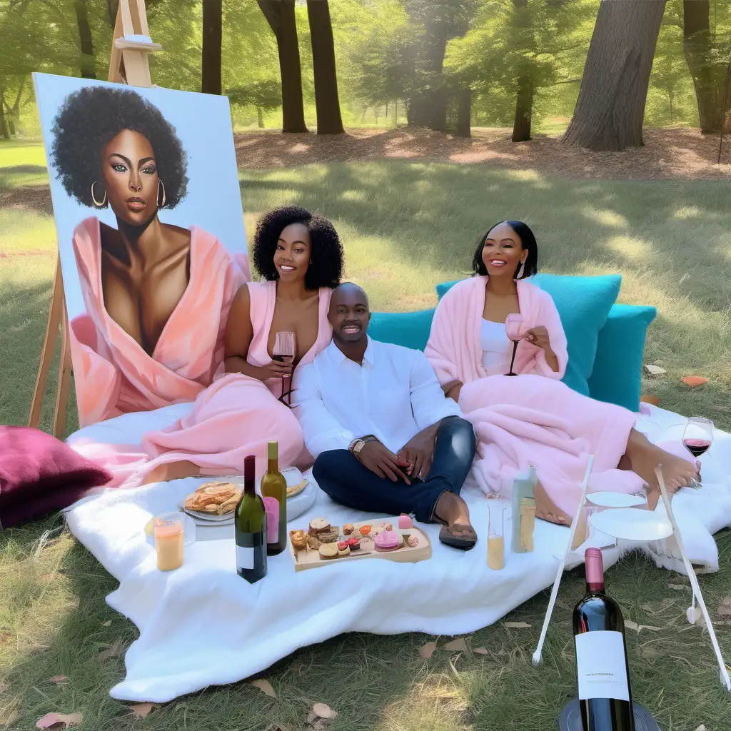 A realistic, chic, intimate sip & paint picnic setting for a group of three African american people, featuring a plush pink throw blanket spread elegantly on the ground,  six colorful coordinating throw pillows arranged on the blanket. Include three standing easels with canvases, a well-presented bottle of wine and a tray adorned with delectable finger foods. 