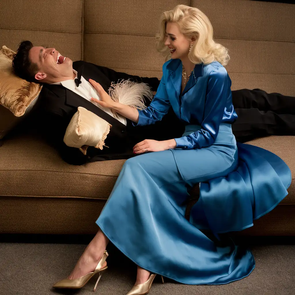 A hysterically laughing caucasion man is lying longways on his back on a sofa . A beautiful blonde woman is sitting beside him on the sofa. she is looking down at his face and smiling. she is touching his neck with a white ostrich feather. she is wearing a blue satin blouse, long blue satin maxi circle skirt and heels. 