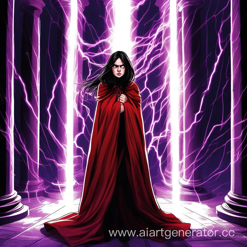 Enraged-DarkHaired-Girl-in-Red-Cloak-Amidst-Electric-Light-Columns