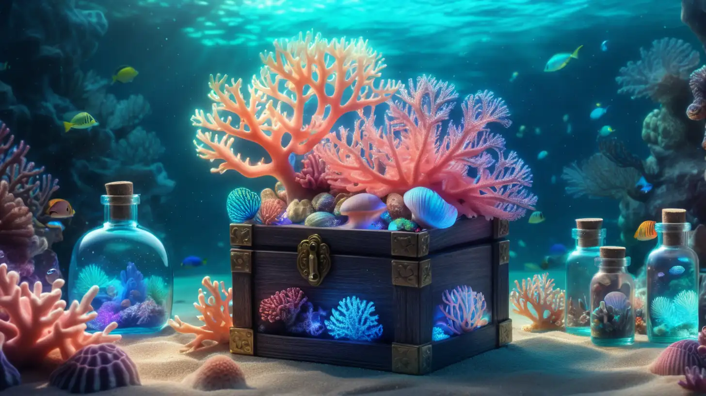 Enchanting Underwater Scene with Glowing Mollusks and Iridescent Corals in Bottles