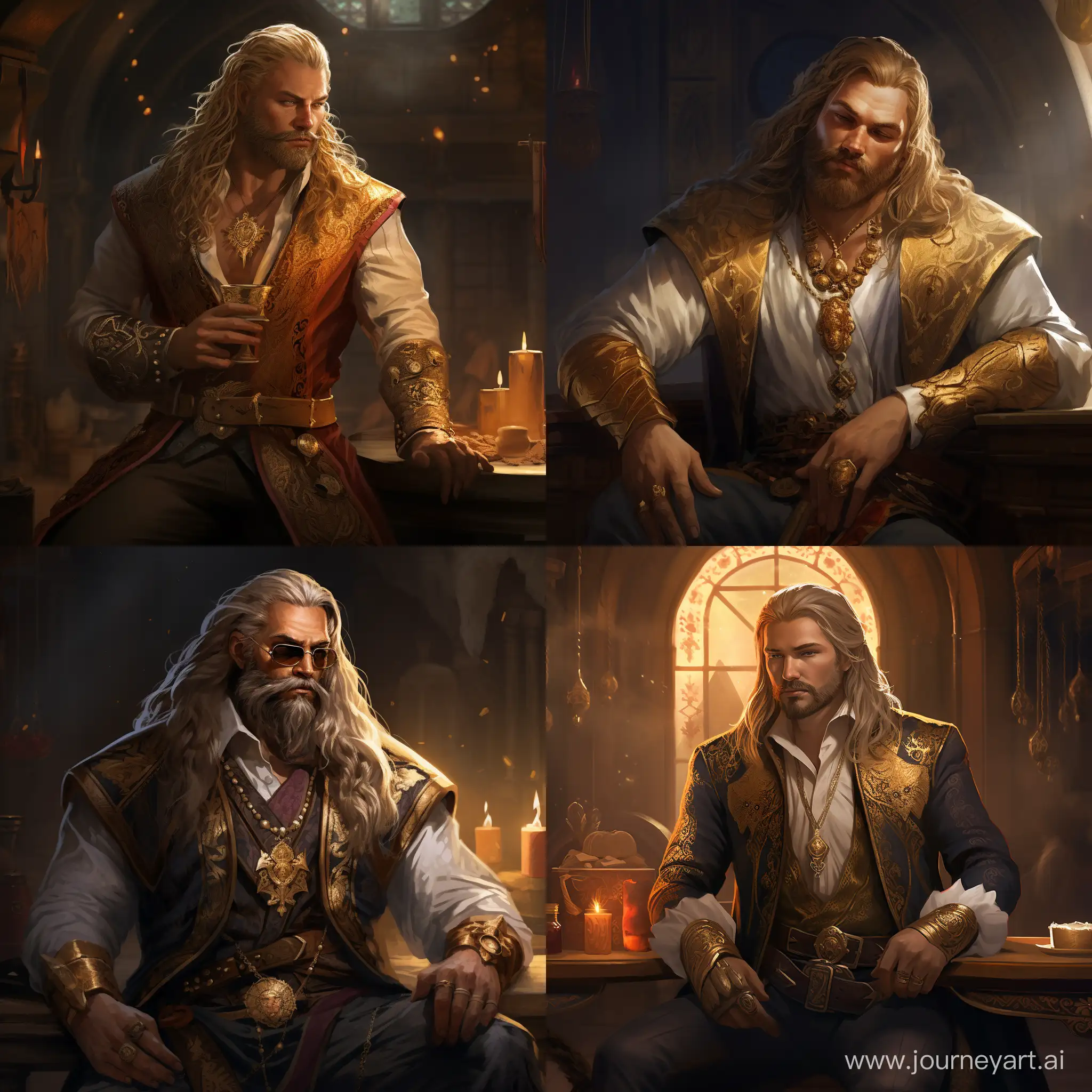 draw me a concept art of a Viking merchant who has a beard and long blond hair, he is also dressed in luxurious clothes and wears gold rings with precious stones
