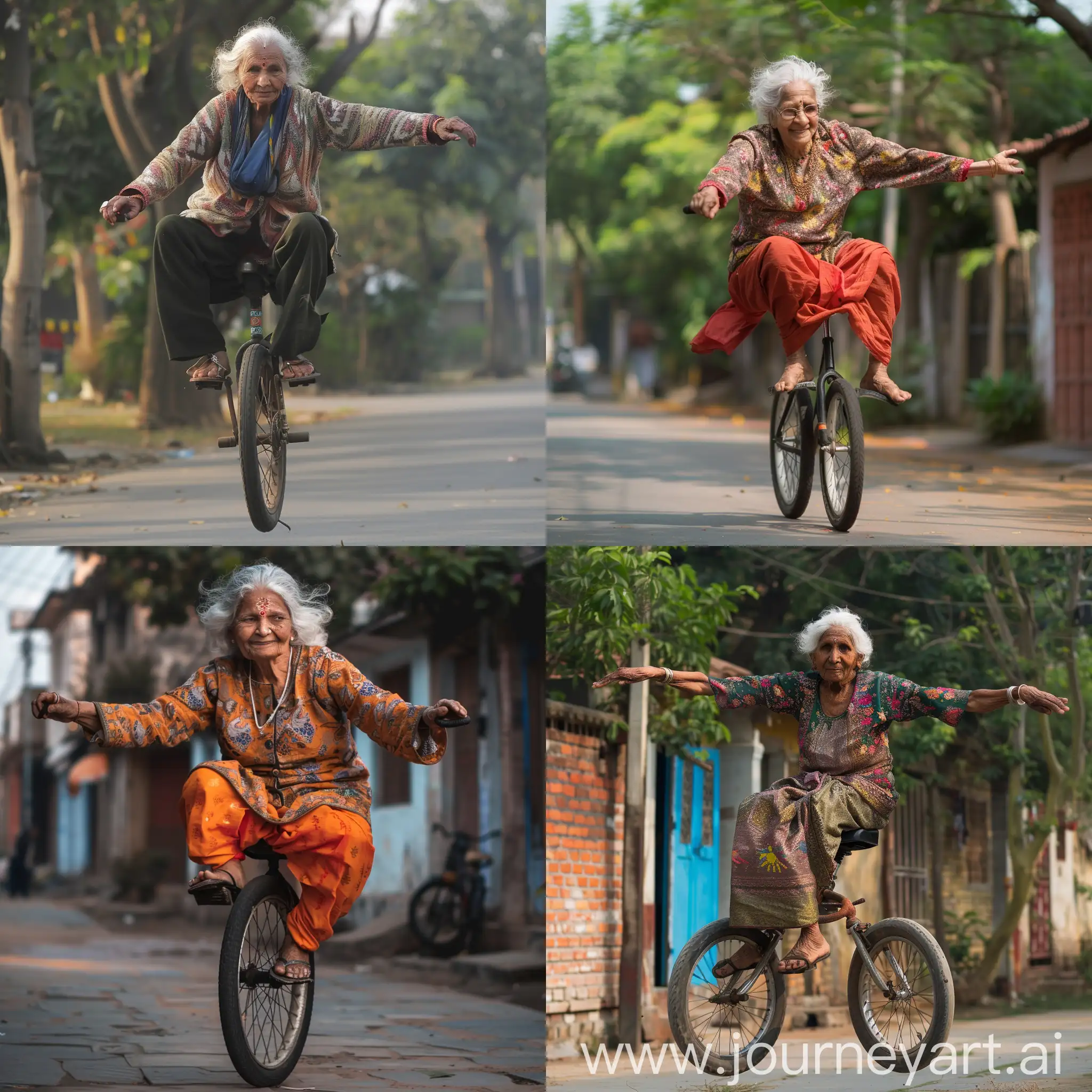 old indian woman on a unicycle having fun