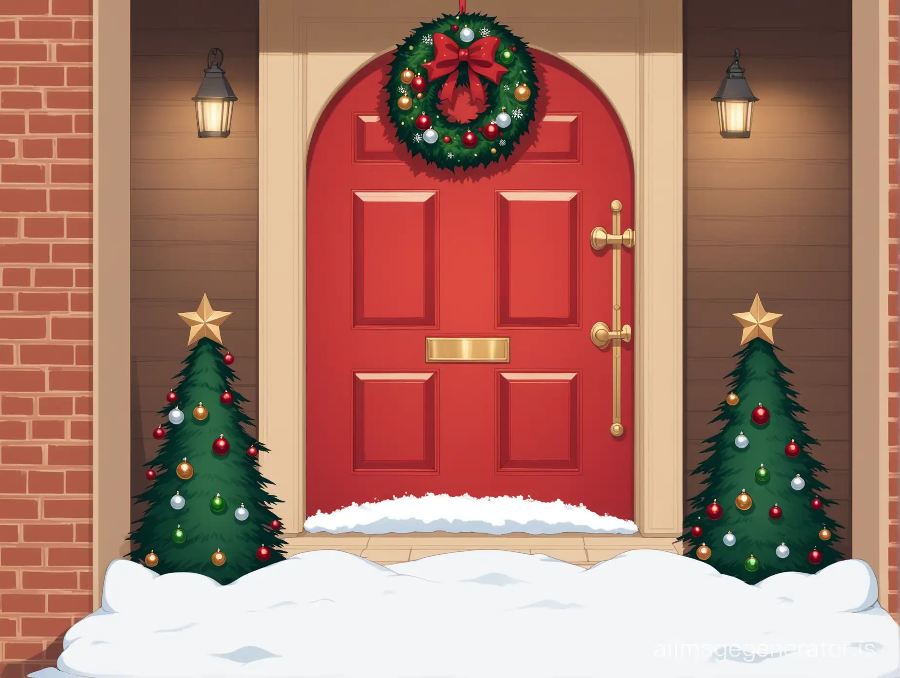 a zoomed out picture of Santa's front door, should be filled with decorations and have traces of snow
