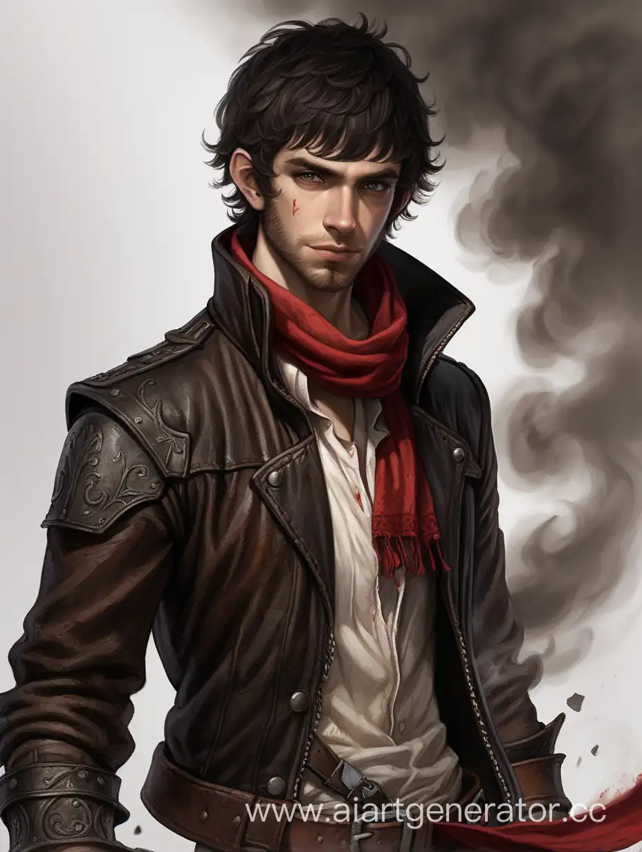 Молодой мужчина полуэльф с чёрными, короткими волосами и борода. Носит средневековую, мятую, кожаную темно-коричневую куртку, грязная белая рубашка и рваный, красный шарф. Из тела и рук исходит черный дым. 