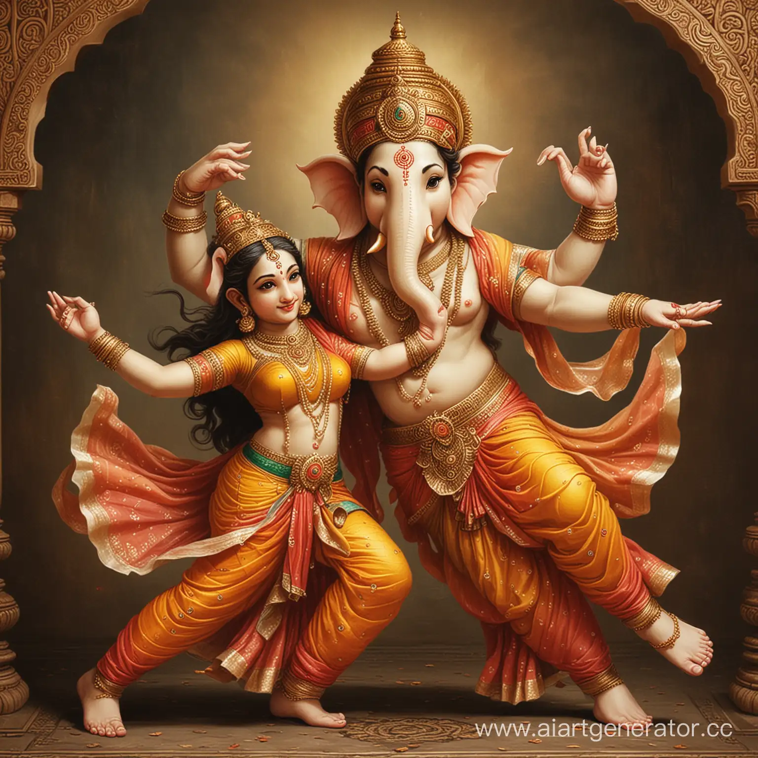 Lord Ganesha dancing with a woman