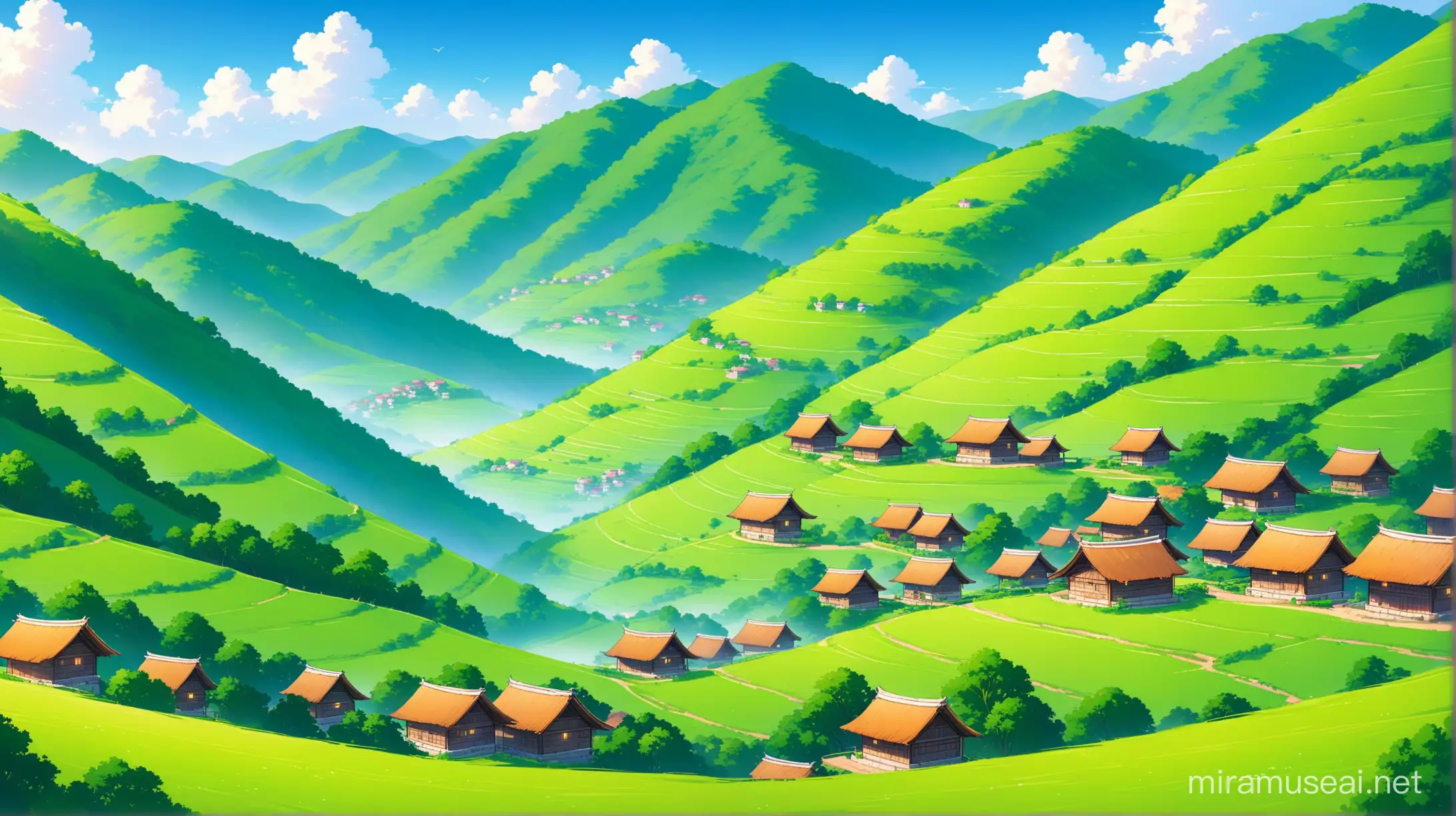 A serene village nestled amidst lush green hills.