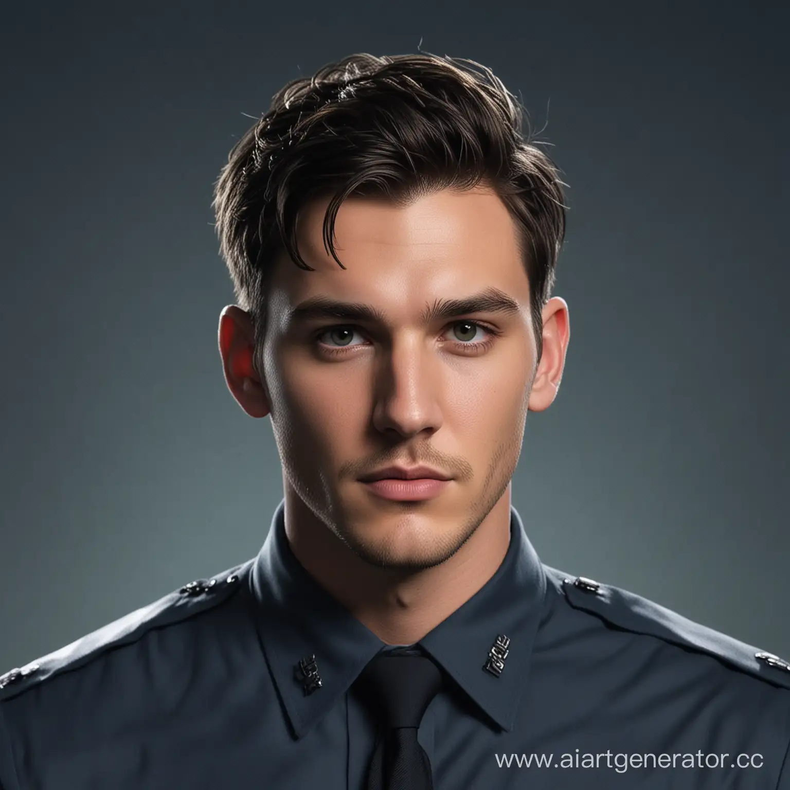 an image of a man with dark hair gathered in a small bun on his head, gloomy, dangerous, twenty-five years old, similar to actor Chris Wood, gray deep eyes, clear lips, small stubble, in the style of real life, light body and dark blue color, in the background, full height, FBI uniform, strict appearance, realistic pictures, animated gifs -ar 71:128 -Stylize 750 -v 6