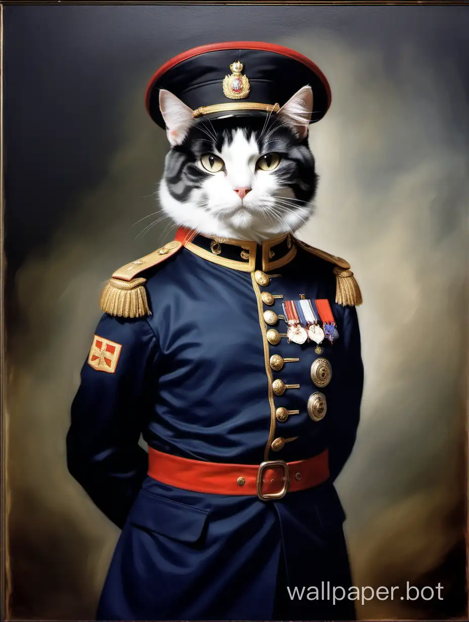 cat in military uniform, human body in full growth, revolutionary cat, classical portrait, realistic oil painting