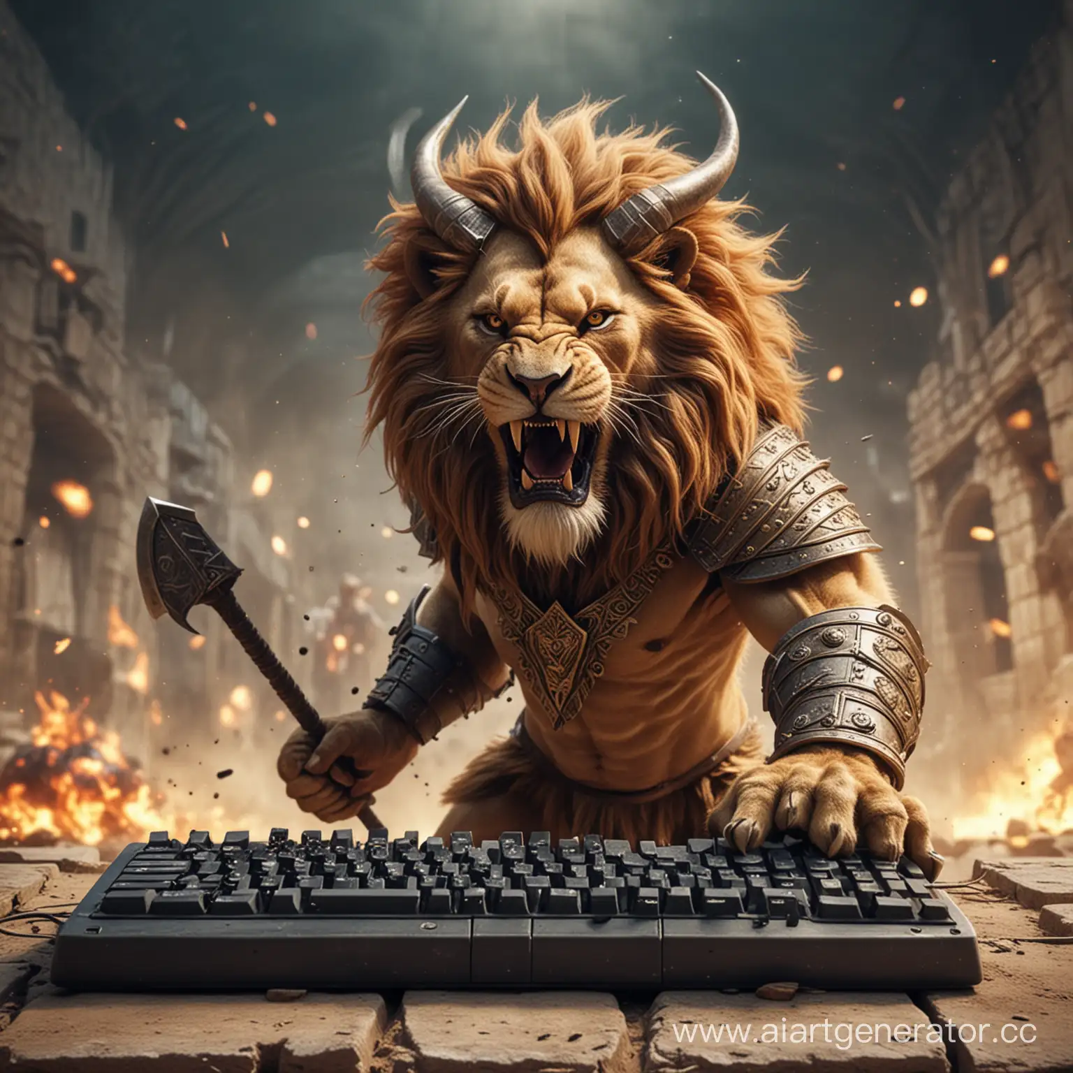 Лев с рогами, сражается на арене в виде клавиатуры с врагом