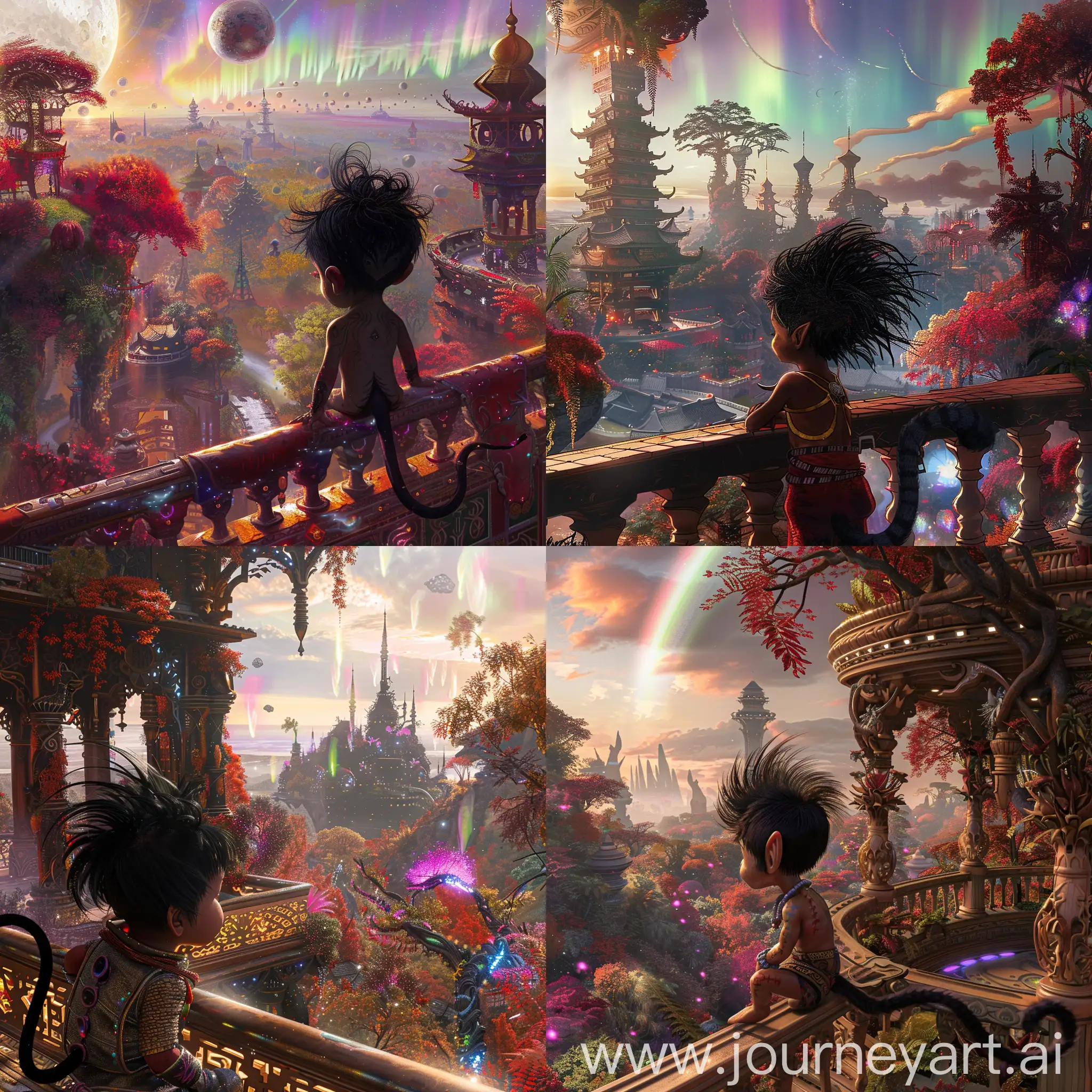 Adventurous-Little-Boy-with-Monkey-Tail-in-Futuristic-Solarpunk-Terrace-Overlooking-Extraterrestrial-City