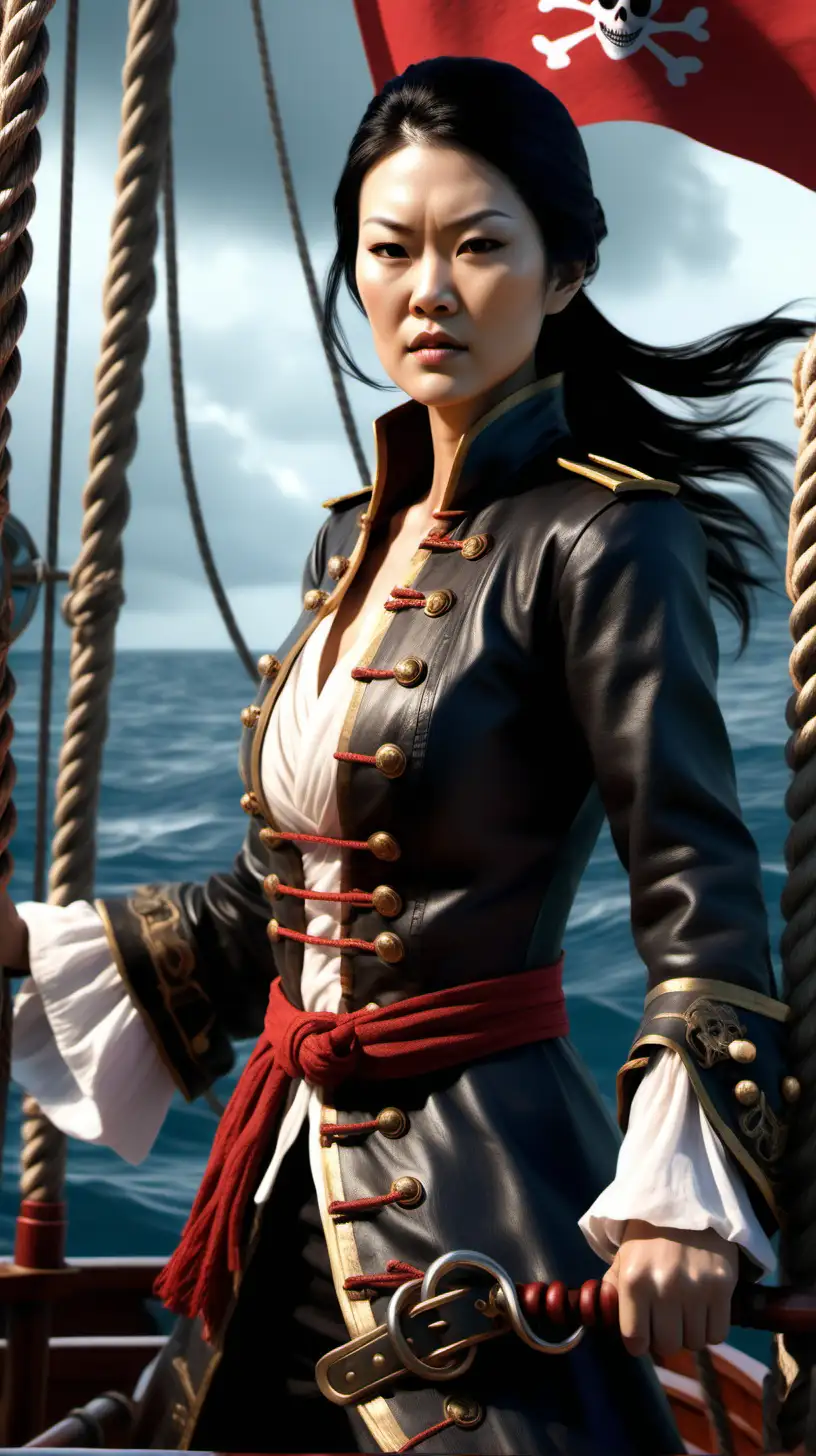 Create an illustration of Ching Shih standing at the helm of her pirate ship.Convey the power and confidence as she commands the Red Flag Fleet. 4k hyper realistic image