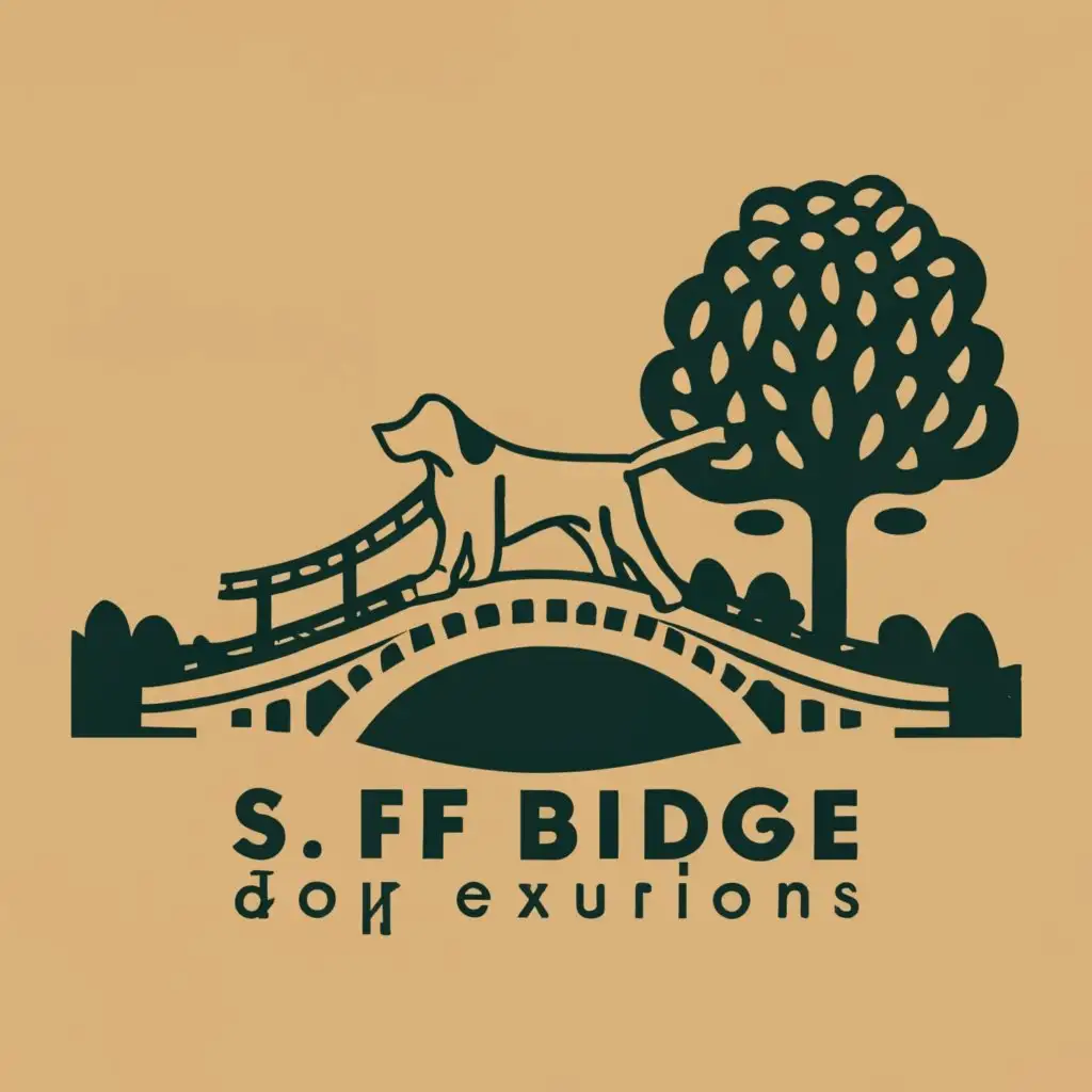 logo, dog, tree, bridge, with the text "S.F. Dog Excursions", typography
