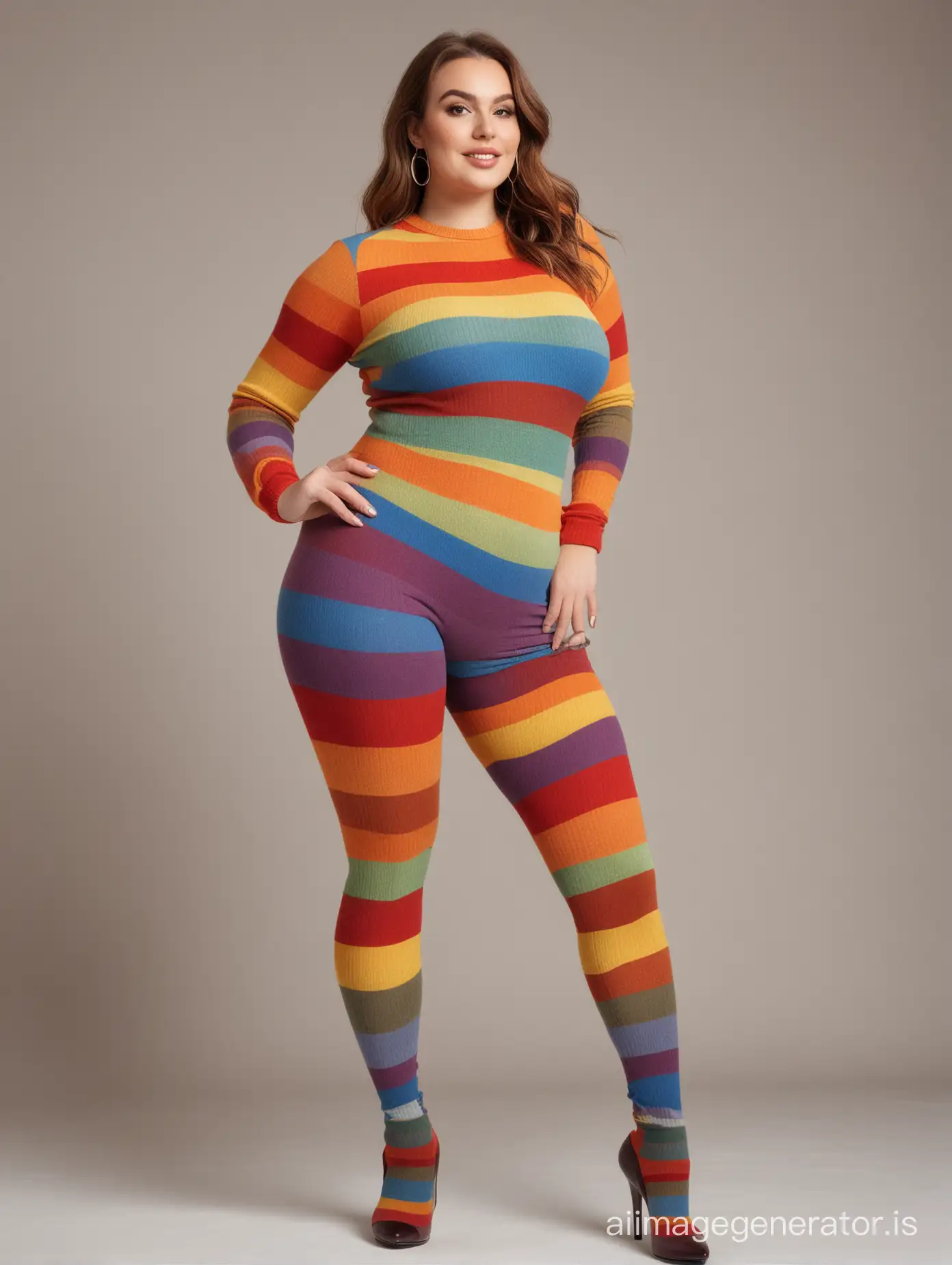 curvy woman ribbed chunky rainbow wool tights high heels full body with face